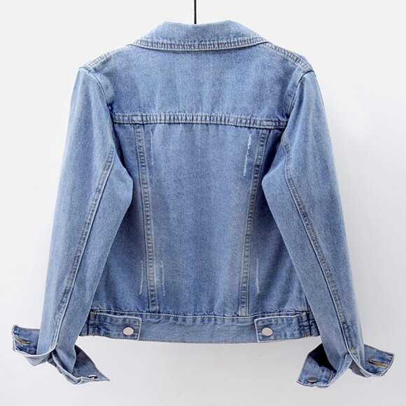 Women's Jean Jacket Distressed Ripped Denim Jacket Coat with Pockets Light Blue - Picture 3 of 6